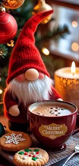 Christmas gnome with coffee and cookies