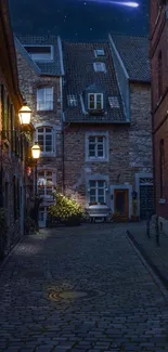 Cozy Christmas street scene with lights and festive decorations.