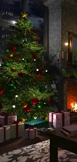 Christmas tree by a cozy fireplace with gifts.