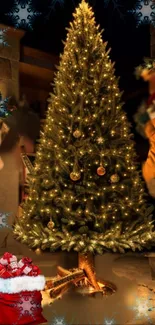 Cozy Christmas tree with golden lights and festive decor.