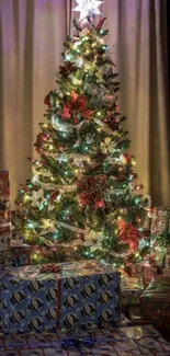 Festive Christmas tree with presents and colorful lights.