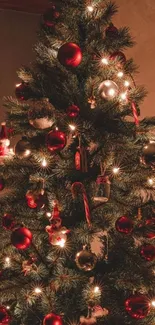 Cozy Christmas tree with red and silver ornaments and warm lights.