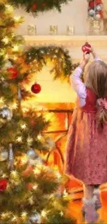 Child decorating Christmas tree in cozy room with warm lighting.