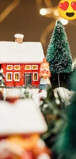 Cozy Christmas village scene with snow and decorations.