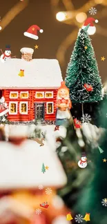 Miniature Christmas village with festive lights.