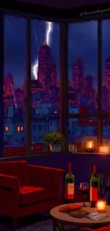 Cozy urban interior with city view and lightning.