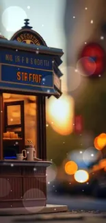 A cozy city street kiosk with warm lights and urban background.