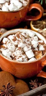 Warm cup of cocoa with marshmallows and spices.