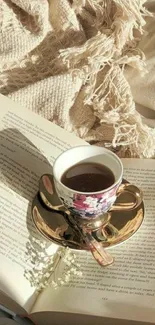 Cozy coffee cup on an open book.