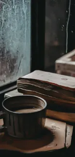 Cozy scene with coffee and books by a rainy window.