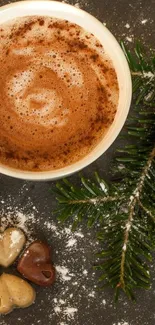 Cozy cup of coffee with cookies and winter greenery on a rustic background.