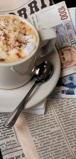 Cozy scene with coffee, newspaper, and vintage money.