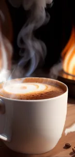 Steaming coffee cup by cozy fireplace.