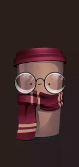 Cozy cartoon coffee cup with glasses and scarf on a dark brown background.