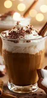 Delicious coffee latte with whipped cream and cinnamon sticks in a cozy setting.