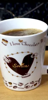 Cozy coffee mug with chocolate theme on a wooden desk.