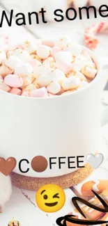 Cozy coffee mug with marshmallows and emojis in a warm, inviting setting.