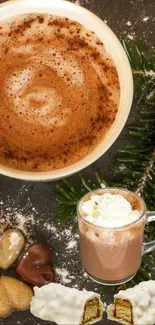 A cozy scene with coffee, chocolate, cookies, and pine leaves.