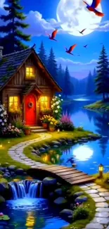 A cozy cottage beside a moonlit lake with vibrant flowers and a glowing pathway.
