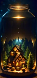 Magical mason jar with lit cottage and forest.