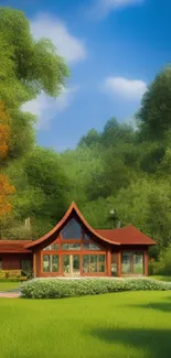 Scenic cottage surrounded by lush green forest and blue sky.