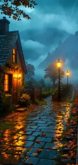 Cozy cottage in misty night with glowing lights and railroad.