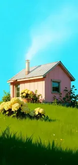 Serene cottage in a sunny field with blue sky