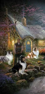 Charming cottage scene with dogs and river under a purple evening sky.