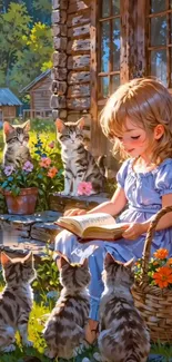 Girl reading to kittens outside a cozy cottage.