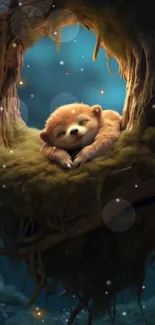 A cute creature sleeps peacefully in a cozy, enchanted tree nest.