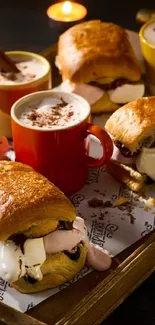 Cozy dessert scene with pastries and marshmallows on a tray in warm lighting.