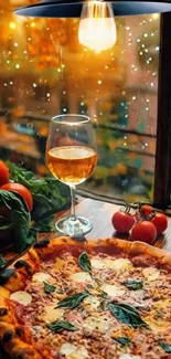 Pizza and wine by a rainy window with soft, warm lighting.