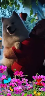 Man cuddling a fluffy white dog surrounded by vibrant pink flowers.