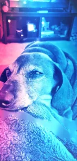 Cozy dog wrapped in a colorful glow blanket.