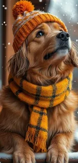 Golden retriever in winter with hat and scarf.
