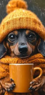 Cute dog in an orange knit hat holding a mug.