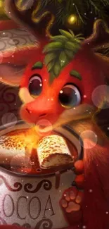 Cute dragon holding hot cocoa in holiday-themed wallpaper.