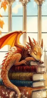 Cute dragon asleep on books with an autumnal backdrop.