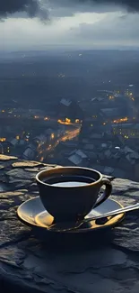 A serene cityscape at dusk with a coffee cup in the foreground.