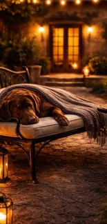 Cozy dog resting in ambient garden setting.