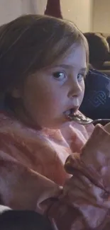 Child enjoying a cozy evening snack at home.