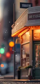 Cozy evening street with a charming shop and warm glowing lights.