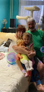 Family enjoying a cozy moment with bubble accents.