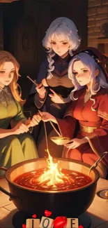 Three fantasy characters by a cozy hearth with a warm cauldron glow.