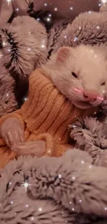 Adorable ferret in yellow sweater surrounded by grey plush and stars.