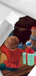 Christmas scene with gift box and cozy child in winter setting.