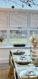 Festive dining room with Christmas tree and holiday decor.