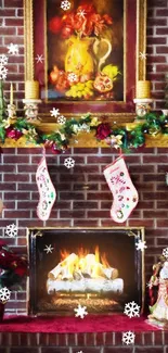 Cozy fireplace with festive Christmas stockings and garlands.