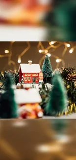 Cozy holiday village with snow-covered house and festive lights.