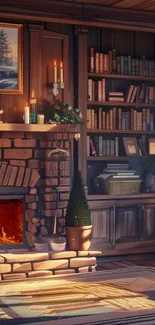 Cozy room with fireplace and bookshelves